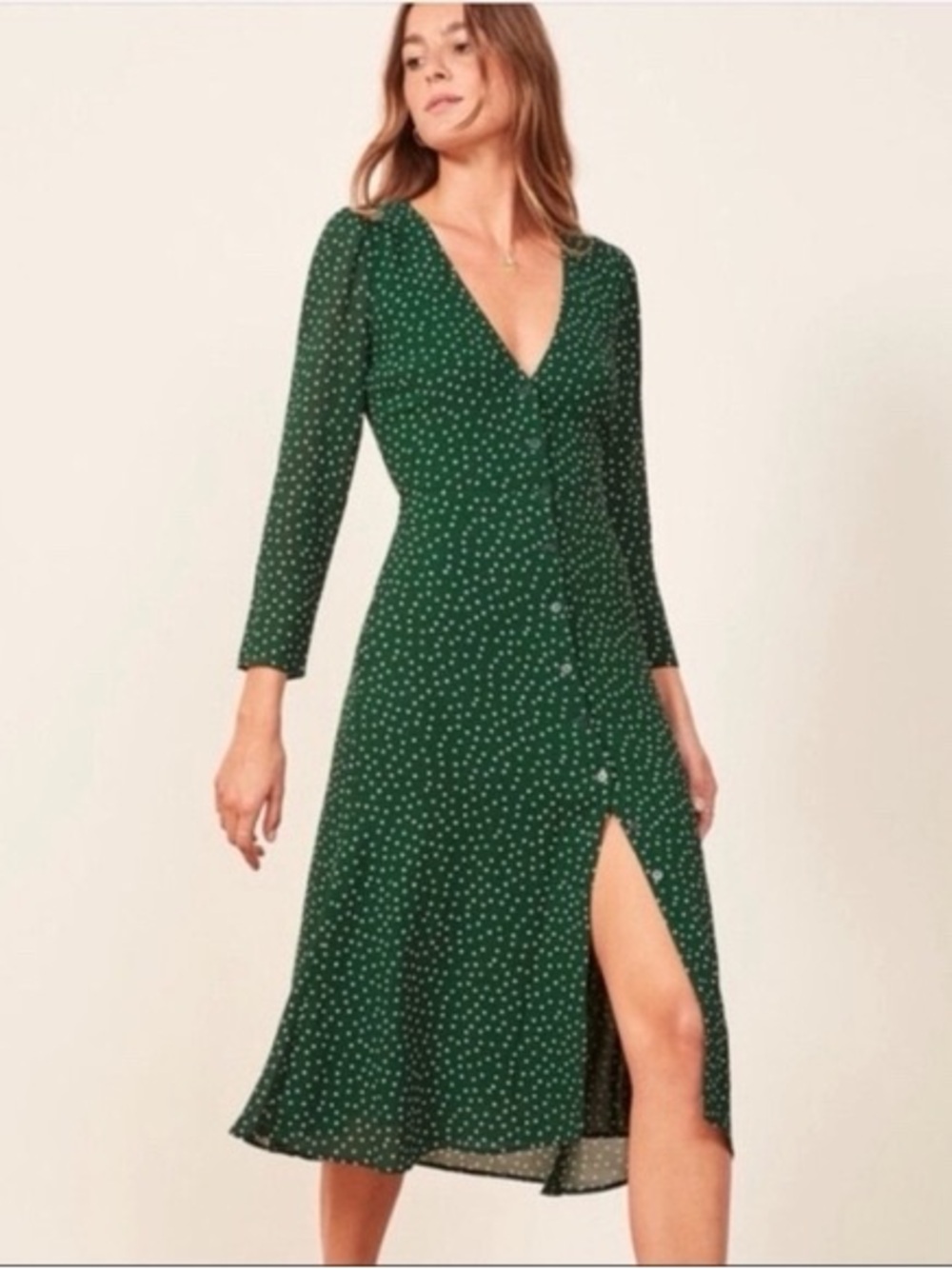 Reformation Forest Green Polka Dot Button‑Front Midi Dress